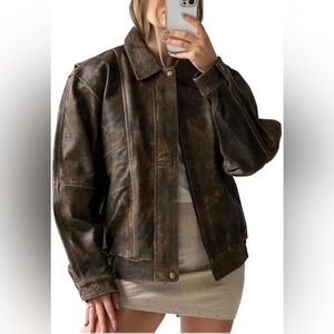 Women’s Leather Bomber Jacket w/Men’s oversized styling Dark Brown/distressed